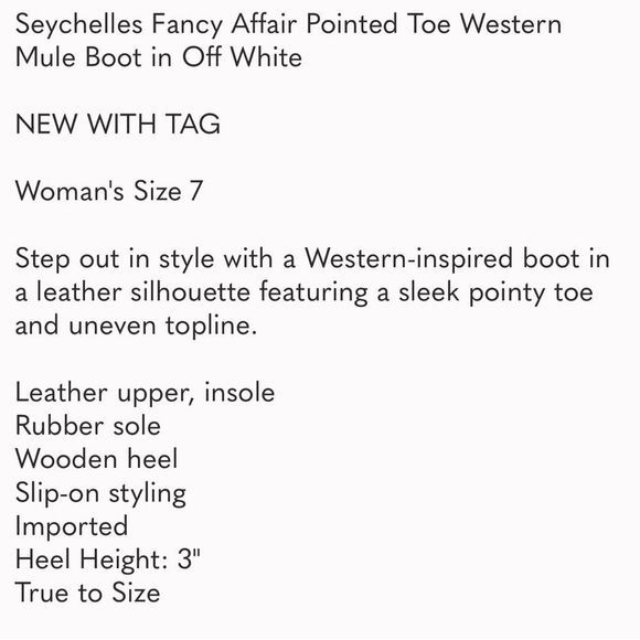 NEW 196.00 7 SEYCHELLES POINTED WESTERN BOOT - Picture 6 of 8